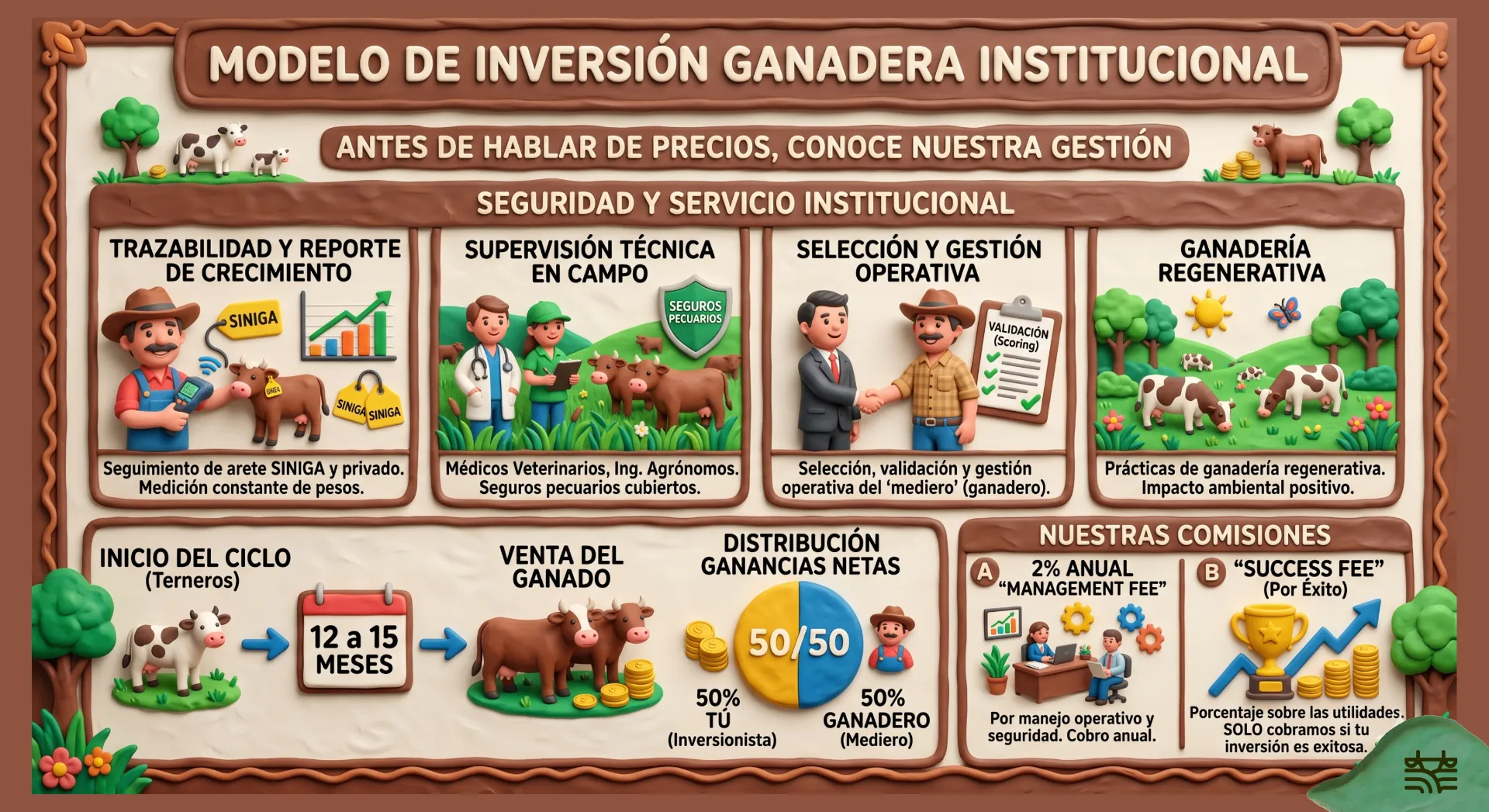 Infografía del modelo de inversión ganadera institucional: seguridad y servicio, ciclo de 12 a 15 meses, distribución 50/50 y comisiones.
