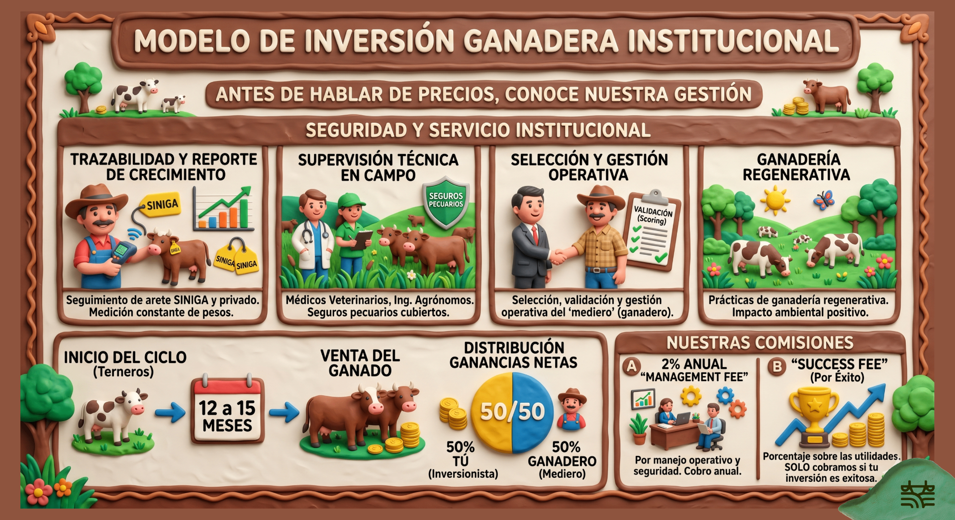 Infografía del modelo de inversión ganadera institucional: seguridad y servicio, ciclo de 12 a 15 meses, distribución 50/50 y comisiones.